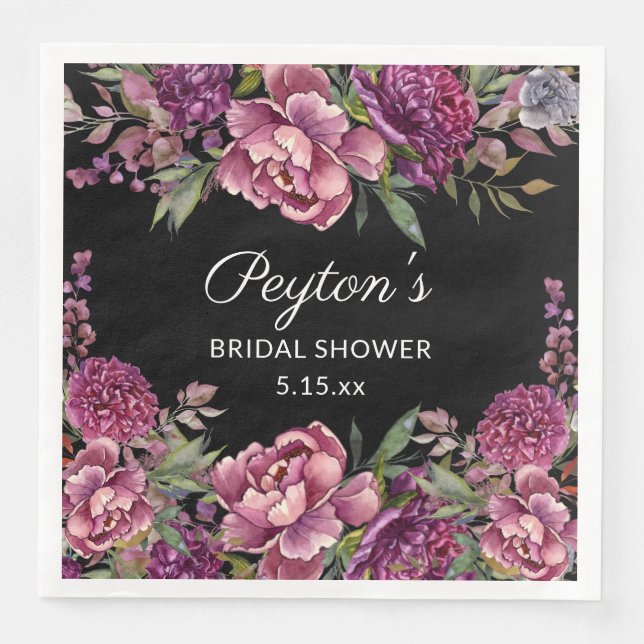 Serviette En Papier Mariage Fleuris Violet Noir Nom Date de la Mariée (Devant)