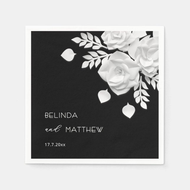 Serviette En Papier Mariage Fleurs 3D Noir Et Blanc  (Devant)