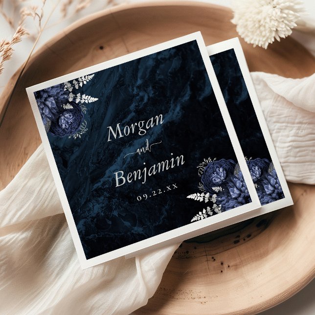 Serviette En Papier Mariage Fleurs Argentées Bleu Nuit (Créateur téléchargé)