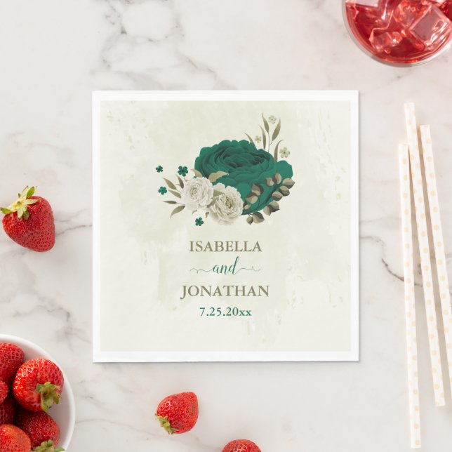 Serviette En Papier mariage fleurs beige vert émeraude (En situation)