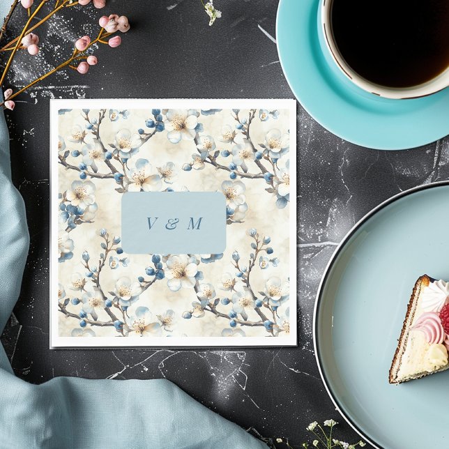 Serviette En Papier Mariage Fleurs Blanches Bleues de Printemps  (Créateur téléchargé)