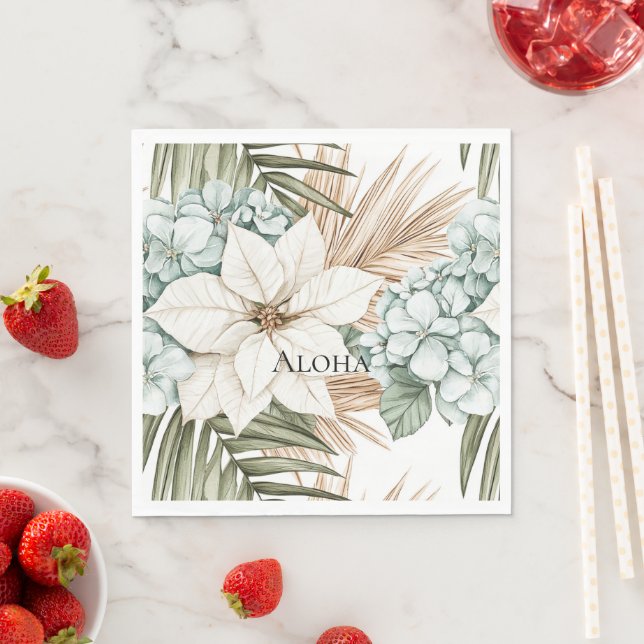 Serviette En Papier Mariage Fleurs Blanches Bleues Tropicales (En situation)