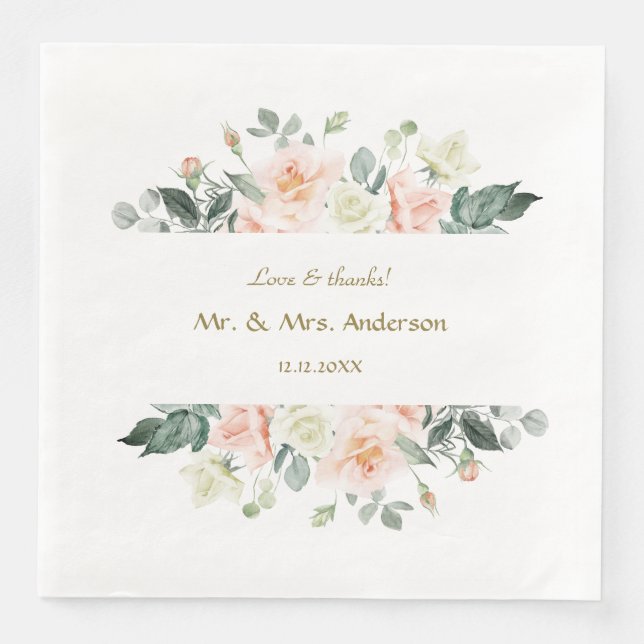 Serviette En Papier Mariage Fleurs Blanches Blush Aquarelle Délicate (Devant)