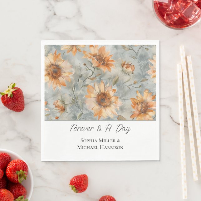 Serviette En Papier Mariage Fleurs Crème Orange Bleu (En situation)