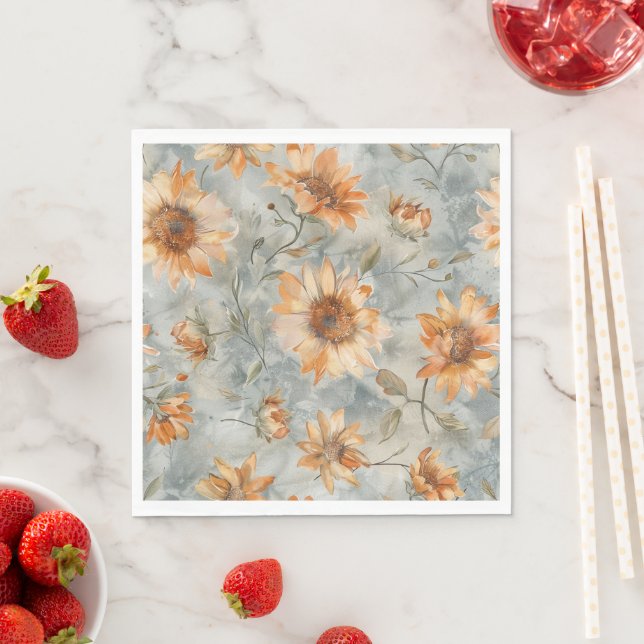 Serviette En Papier Mariage Fleurs Crème Orange Bleue (En situation)