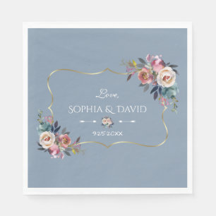 Serviette En Papier Mariage Fleurs de Rose Brumeuse Bleu Poussiéreux O
