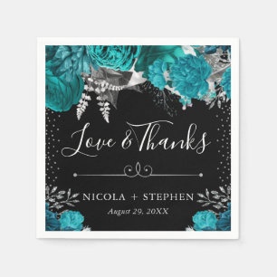 Serviette En Papier Mariage Fleurs de Teal et d'Argent à l'Aquarelle