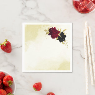 Serviette En Papier mariage fleurs noires rouges feuilles d'or