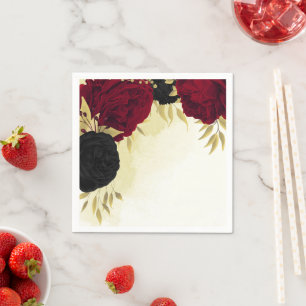 Serviette En Papier mariage fleurs noires rouges feuilles d'or