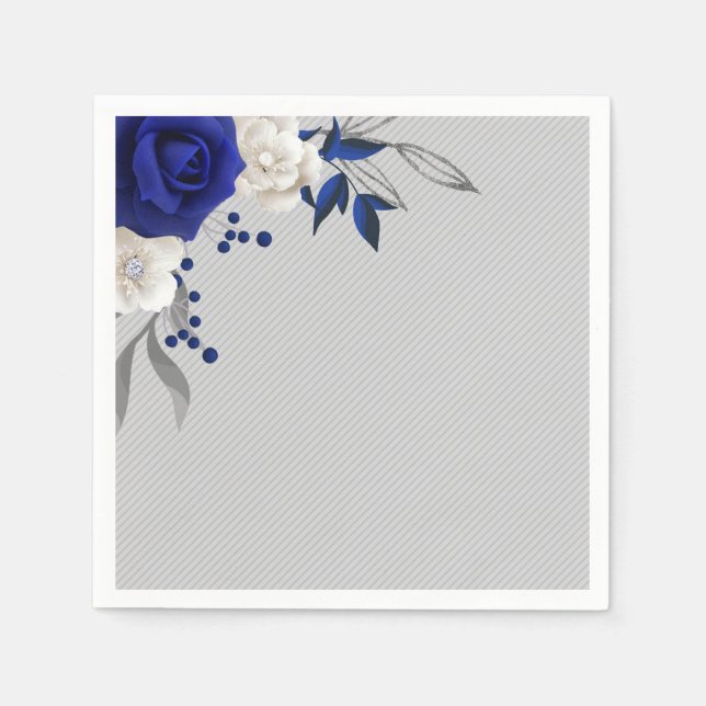 Serviette En Papier mariage fleurs roses bleu roi blanc gris (Devant)