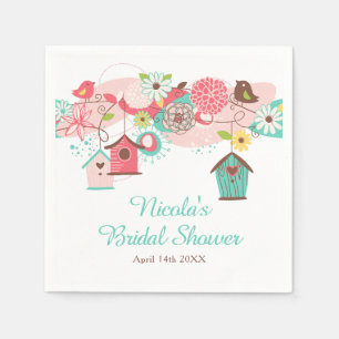 Serviette En Papier Mariage Fleurs Roses et Vertes Cages à Oiseaux