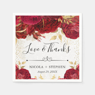 Serviette En Papier Mariage Fleurs Rouge et Or Aquarelle