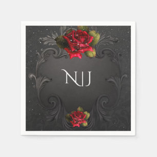 Serviette En Papier Mariage Fleurs Rouge Ornementales Vintage Noir