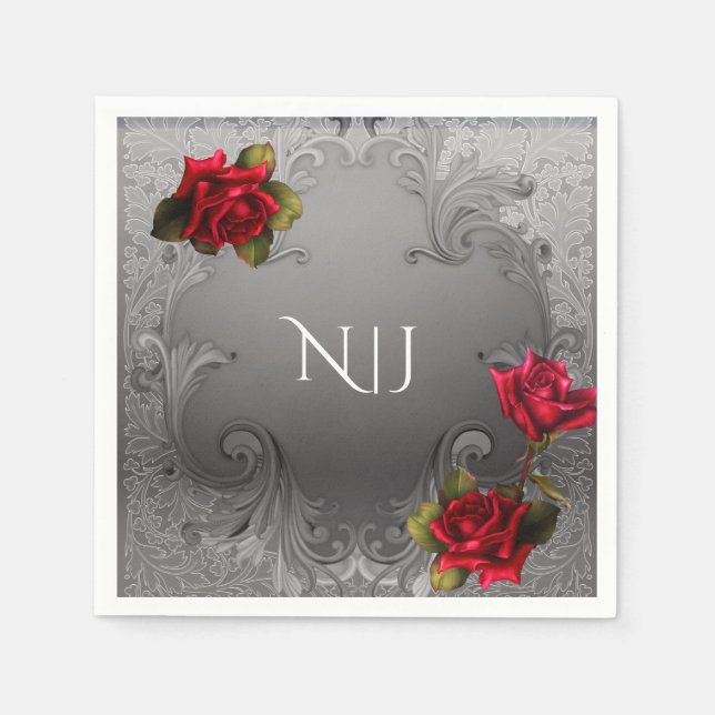 Serviette En Papier Mariage Fleurs Rouges Ornementales Argentées Vinta (Devant)