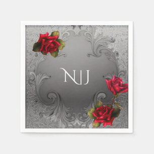 Serviette En Papier Mariage Fleurs Rouges Ornementales Vintage Argenté
