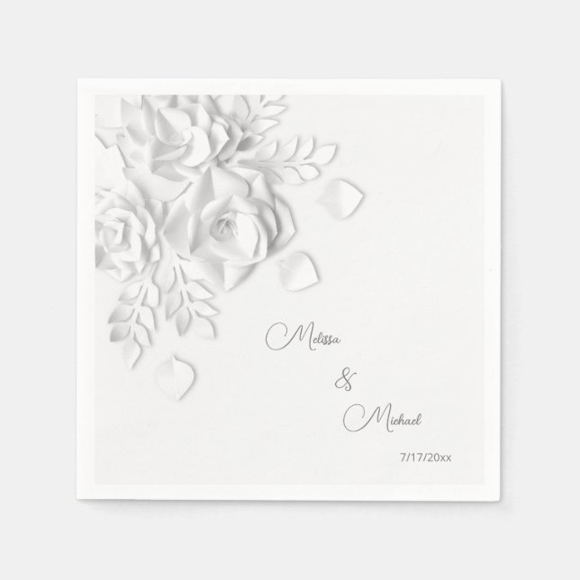Serviette En Papier Mariage Fleurs Simples 3D Blanches (Devant)