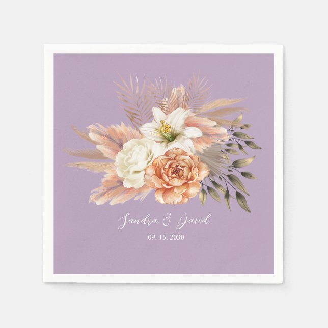 Serviette En Papier Mariage Fleurs Violettes Pêche (Devant)