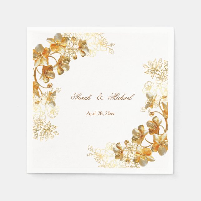 Serviette En Papier Mariage floral 3D or   (Devant)