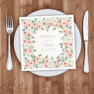 Serviette En Papier Mariage Floral Aquarelle Blanc Pêche