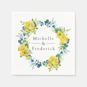 Serviette En Papier Mariage floral aquarelle citron et turquoise