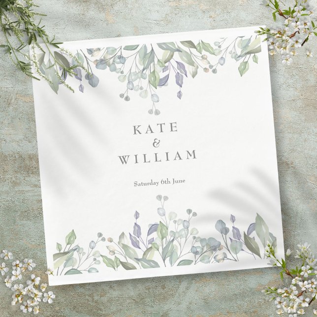 Serviette En Papier Mariage floral aquarelle de verdure sauge et lilas (Sage and Lilac Watercolor Greenery Floral Wedding Napkins)