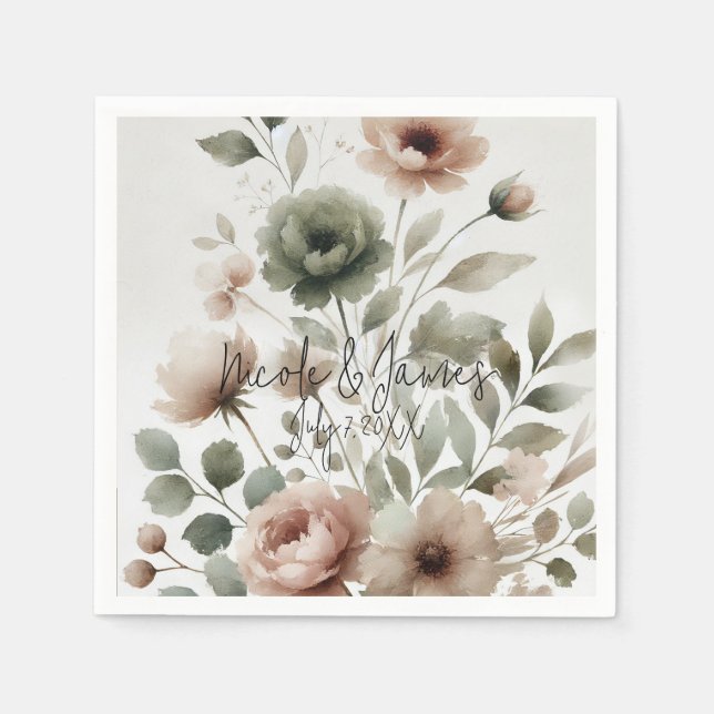 Serviette En Papier Mariage floral aquarelle poussiéreux olive et rose (Devant)