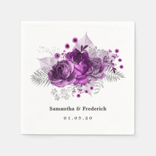 Serviette En Papier Mariage floral aquarelle prune et argent
