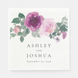 Serviette En Papier Mariage floral aquarelle rose magenta sur fond ivo
