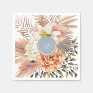 Serviette En Papier Mariage Floral au Bleu Poussiéreux et Pêche