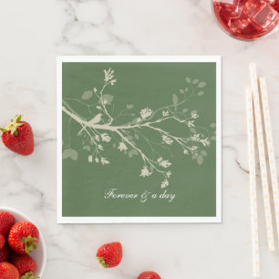 Serviette En Papier Mariage floral aux branches d'oiseau crème vert