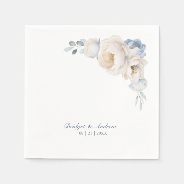 Serviette En Papier Mariage floral blanc bleu foncé (Devant)