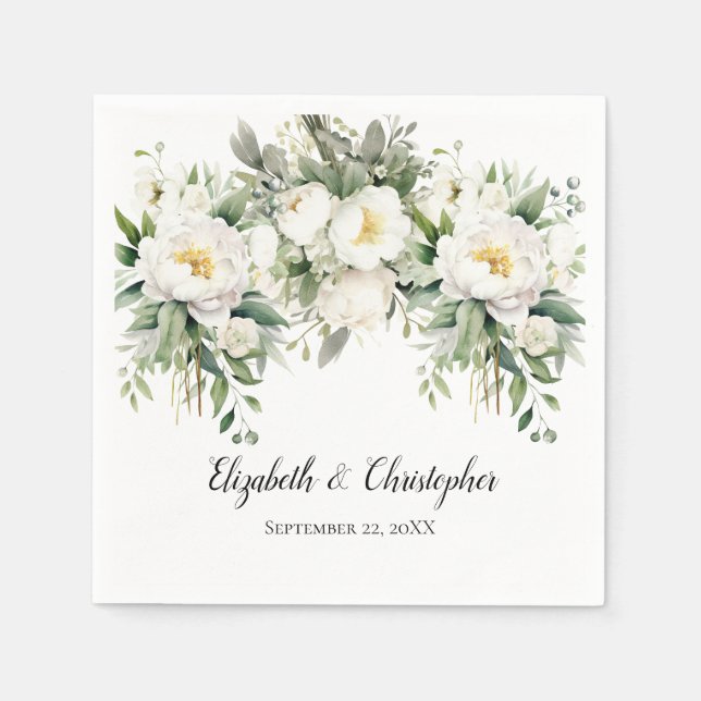 Serviette En Papier Mariage Floral Blanc Personnalisé (Devant)