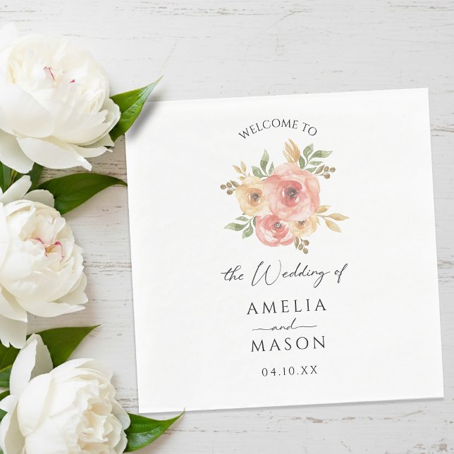 Serviette En Papier Mariage Floral Blanc Rosé Pêche (Peach Blush Floral White Wedding Napkins)