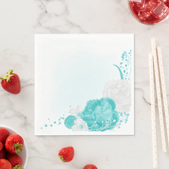 Serviette En Papier mariage floral blanc turquoise (En situation)