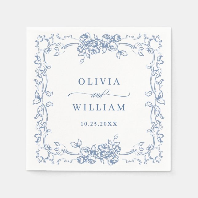 Serviette En Papier Mariage Floral bleu bleu de la Renaissance (Devant)