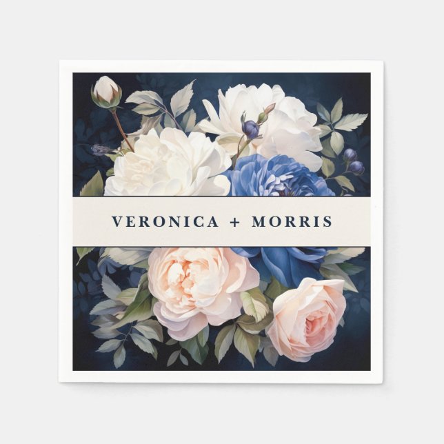 Serviette En Papier Mariage floral bleu bleu marine et bleu roux (Devant)