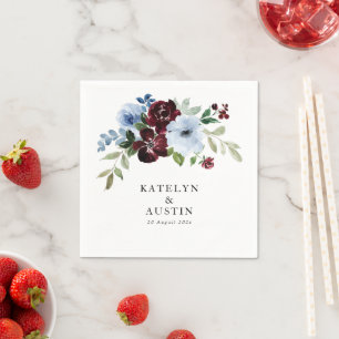 Serviette En Papier mariage floral bleu bordeaux et poussiéreux