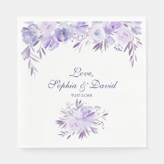 Serviette En Papier Mariage Floral bleu clair pourpre (Devant)
