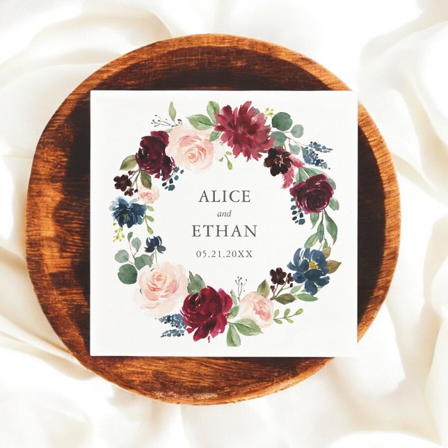 Serviette En Papier Mariage Floral Bleu De Bourgogne Et Marine (Créateur téléchargé)