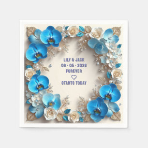 Serviette En Papier Mariage Floral Bleu Détails Turquoise Or