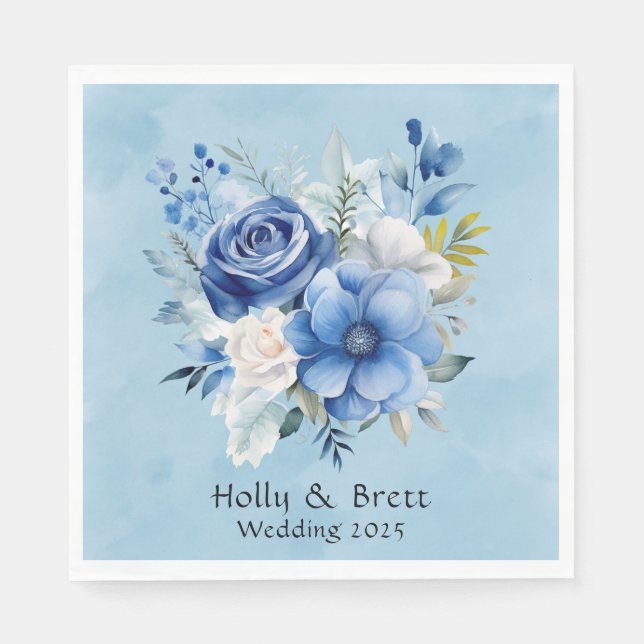 Serviette En Papier Mariage floral bleu et blanc Aquarelle Peony (Devant)