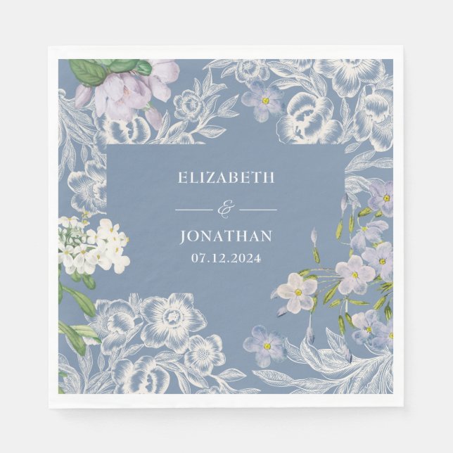 Serviette En Papier Mariage floral bleu et blanc poussiéreux (Devant)