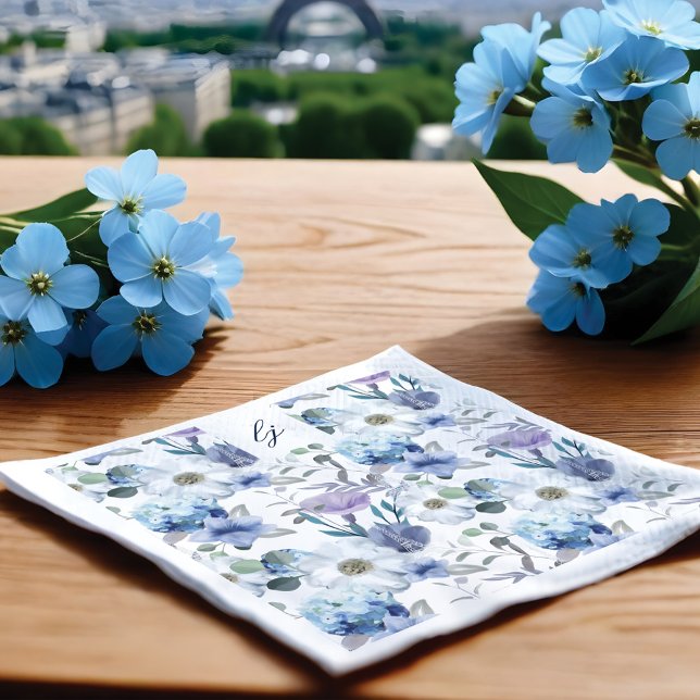Serviette En Papier Mariage Floral bleu et lavande (French Blue & Lavender Watercolor Floral Wedding Napkins)