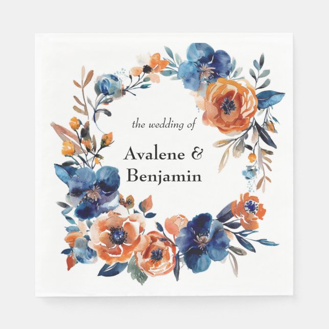 Serviette En Papier Mariage floral bleu et orange (Devant)