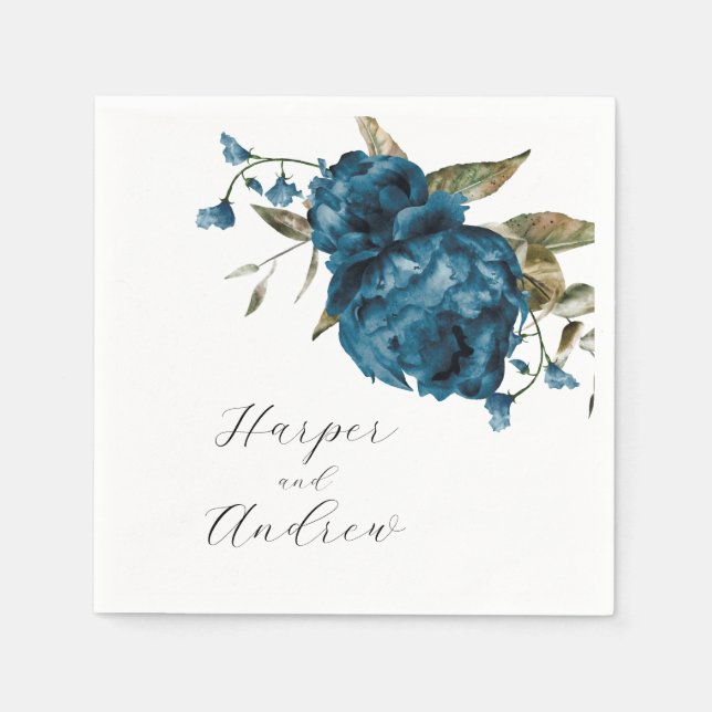 Serviette En Papier Mariage floral bleu marine (Devant)