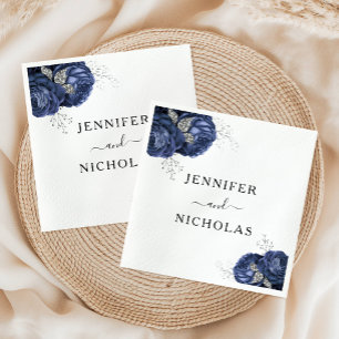 Serviette En Papier Mariage Floral Bleu Marine Élégant