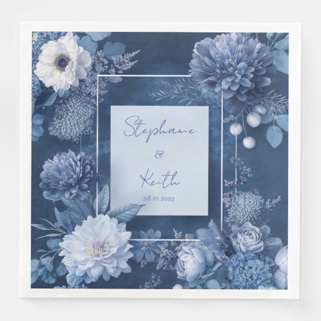 Serviette En Papier Mariage floral bleu marine et blanc Napkin (Devant)