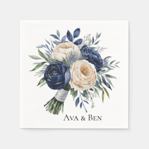 Serviette En Papier Mariage floral bleu marine et ivoire