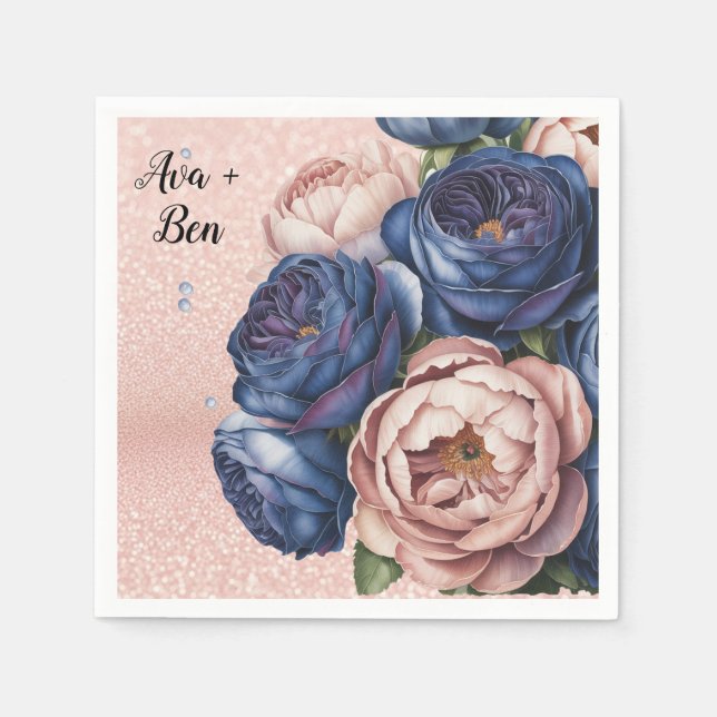 Serviette En Papier Mariage floral bleu marine et Rose or (Devant)