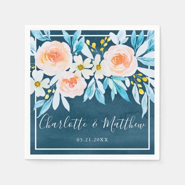 Serviette En Papier Mariage floral bleu marine moderne (Devant)